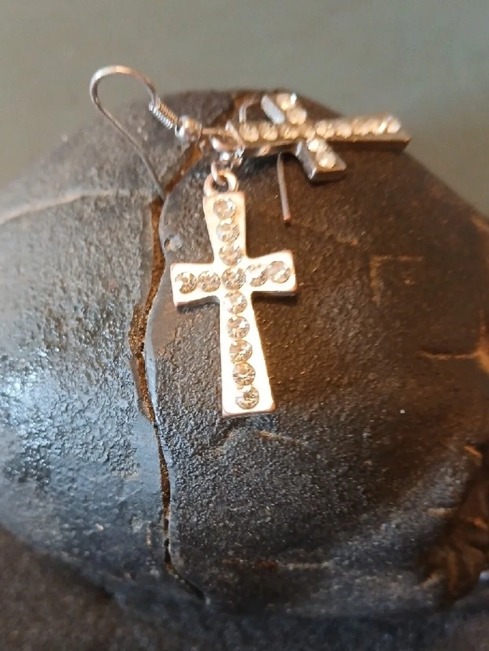 Silver Tone with 13 small diamonds in each. Cross Dangle Earrings - Silver